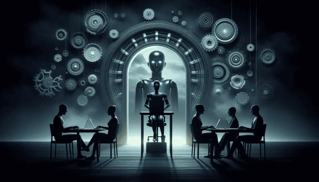 A humanoid robot on a throne surrounded by gears, facing humans at laptops, symbolizing the dual nature of AI in marketing: manipulation or personalization?