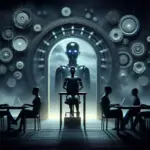 A humanoid robot on a throne surrounded by gears, facing humans at laptops, symbolizing the dual nature of AI in marketing: manipulation or personalization?
