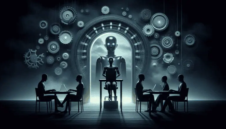 A humanoid robot on a throne surrounded by gears, facing humans at laptops, symbolizing the dual nature of AI in marketing: manipulation or personalization?