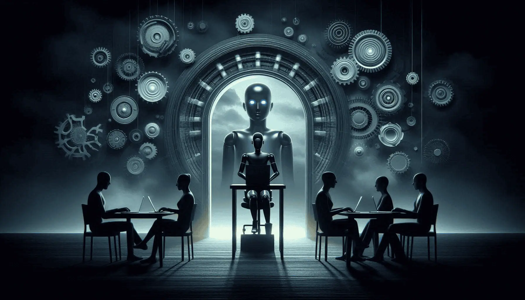 A humanoid robot on a throne surrounded by gears, facing humans at laptops, symbolizing the dual nature of AI in marketing: manipulation or personalization?