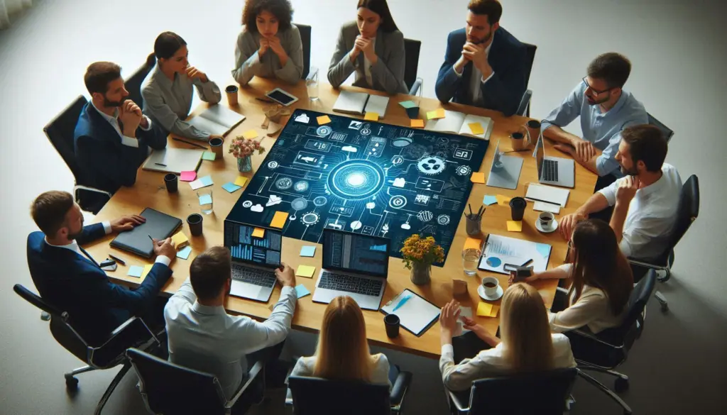 A team analyzes DevSecOps tools for static code analysis, focusing on a digital interface with cybersecurity icons at a round table