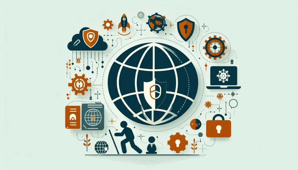 Illustration of โDevSecOps toolsโ featuring a central globe with a lock, surrounded by icons representing security and development strategies for implementing security vulnerabilities