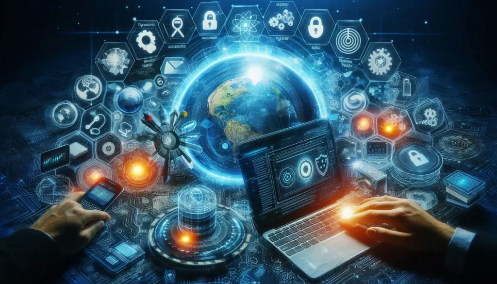 A futuristic cybersecurity setup highlighting โDevSecOps toolsโ within a dynamic application security testing environment. It features a globe encircled by digital icons representing security and development, with hands typing on a laptop foregrounded by various abstract tech elements and interfaces