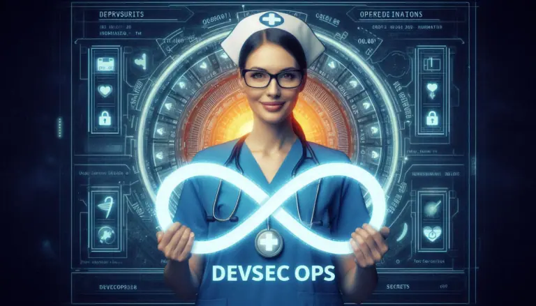A medical professional stands with an infinity symbol glowing in their hands, symbolizing Accelerate and Secure IT with DevSecOps tools against a futuristic interface backdrop