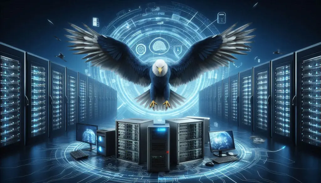 A digital illustration of an eagle soaring above server racks, symbolizing the role of SOAR in DevSecOps tools to enhance IT security