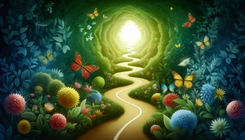 A vibrant, winding path with a radiant light, surrounded by lush foliage and butterflies, symbolizes an introduction to entrepreneurship