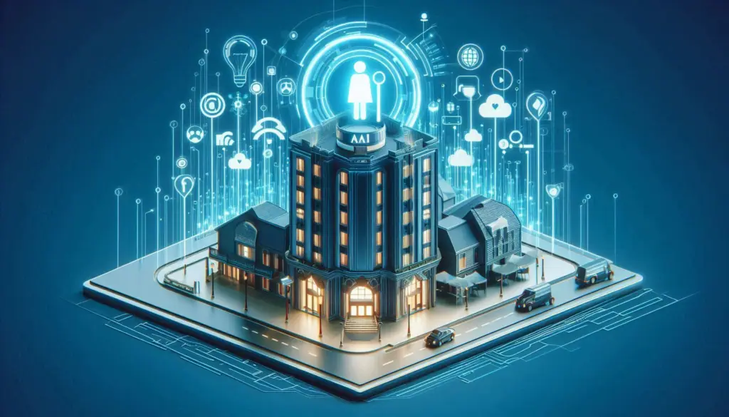 A futuristic hotel with AI integration, showcasing digital icons representing various smart technologies enhancing guest experiences in the hospitality industry