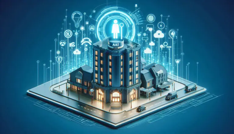 A futuristic hotel with AI integration, showcasing digital icons representing various smart technologies enhancing guest experiences in the hospitality industry