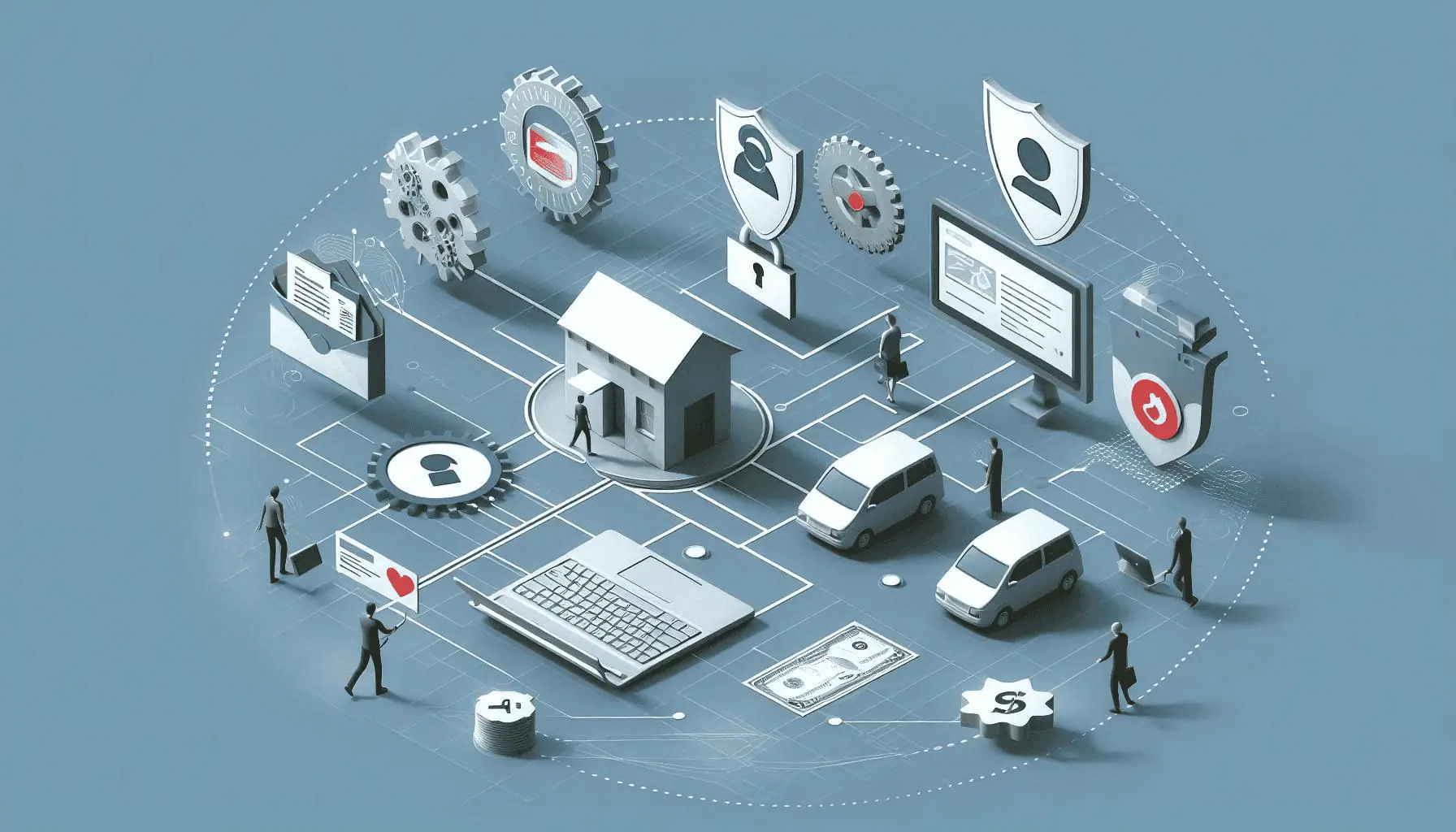 A visual summary of AI-powered fraud detection, showcasing security symbols, data analytics, and network connections encircling a central laptop icon