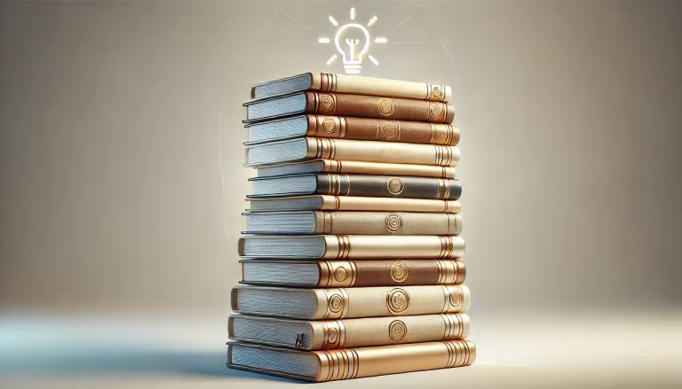 A stack of glowing books with warm tones, representing the essential knowledge and wisdom found in the Best Books for Entrepreneurs for 2024