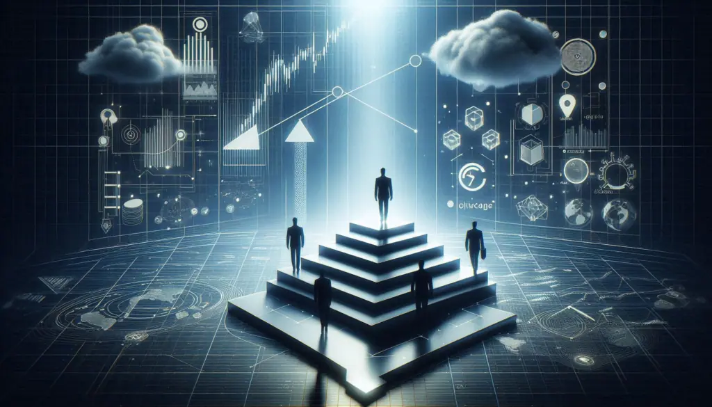 Digital illustration showing figures on steps leading to a central figure, surrounded by icons of graphs, clouds, and currency.