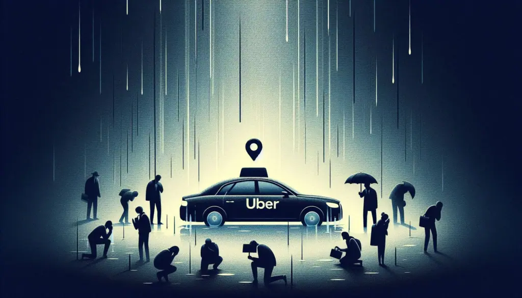 Illustration of silhouetted figures under glowing umbrellas around an Uber car with a location pin.