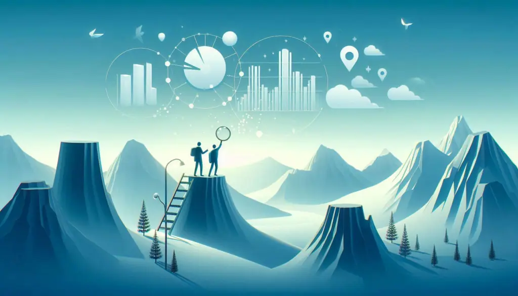 A minimalistic illustration showing a person climbing a staircase with supportive hands, symbolizing finding support in your data strategy journey.