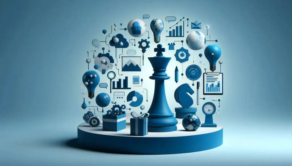 A chess piece surrounded by data-related icons like light bulbs, graphs, and gears, symbolizing strategic decision-making in best practices.