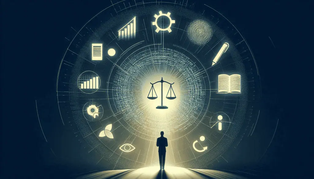A silhouette of a person stands before a digital interface including scales of justice and an open book.
