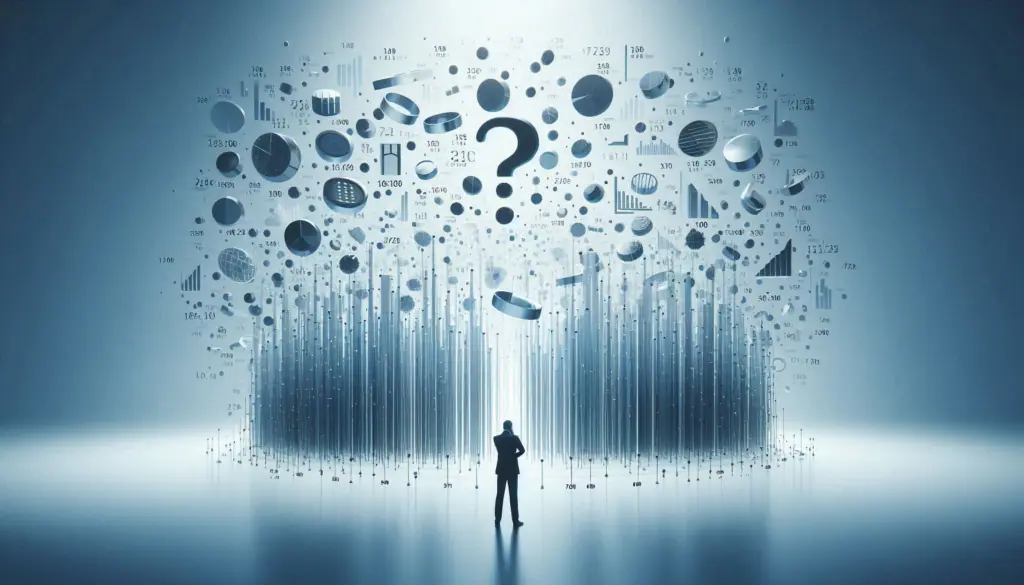 A person silhouetted against a backdrop of various data symbols, illustrating the challenges of Big Data in small business.
