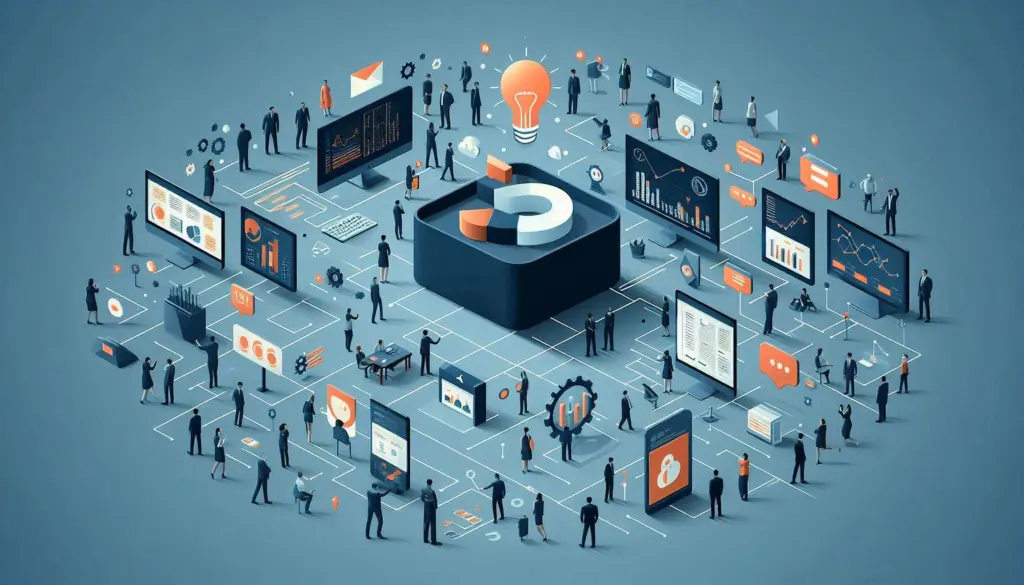 An isometric, showing people analyzing data charts and graphs for decision-making processes.