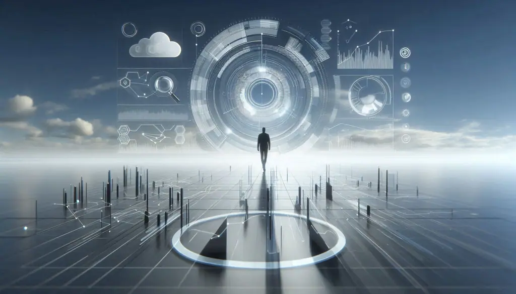 A person standing in front of a futuristic interface with various data analytics graphics, symbolizing the future of predictive analytics.