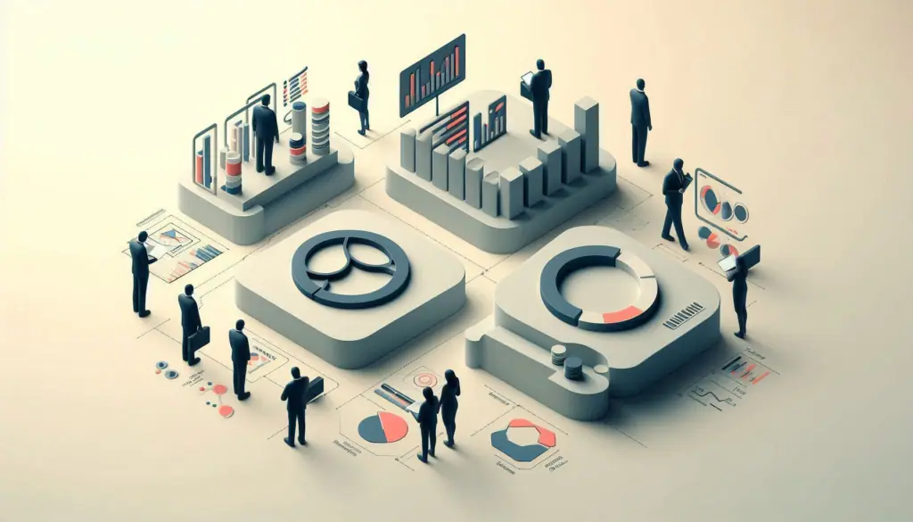 A 3D infographic with figures analyzing charts symbolizing the four types of business analytics.
