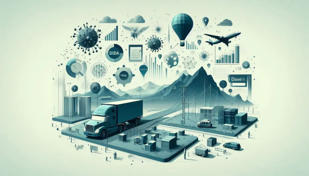 Illustration, featuring trucks, a warehouse, charts, and data points amidst a cityscape and mountains. Real-World Impact: Case Studies of big data.