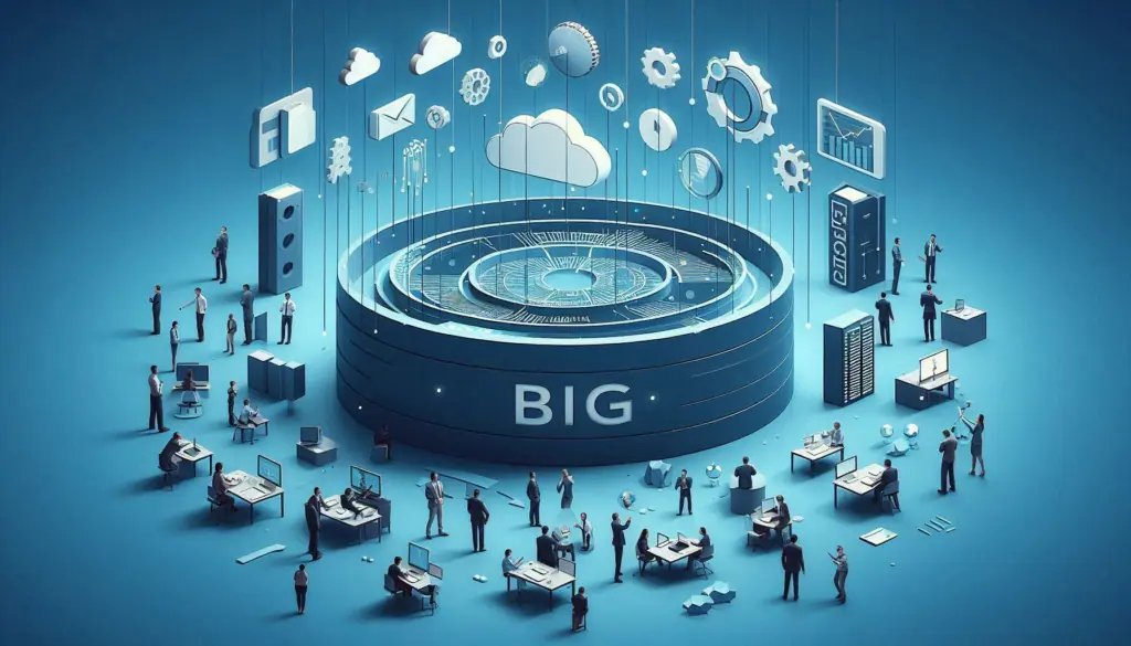 Illustration showcasing practical applications of big data, with people analyzing data represented by a large circular structure with various data icons.