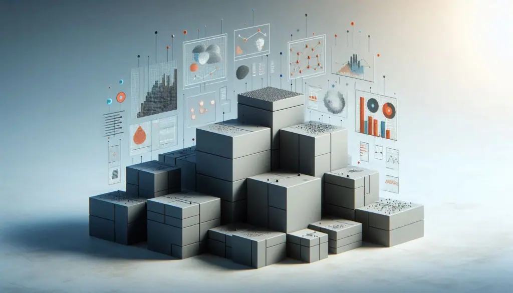 A 3D illustration of stacked grey cubes with various data visualization graphs floating above.