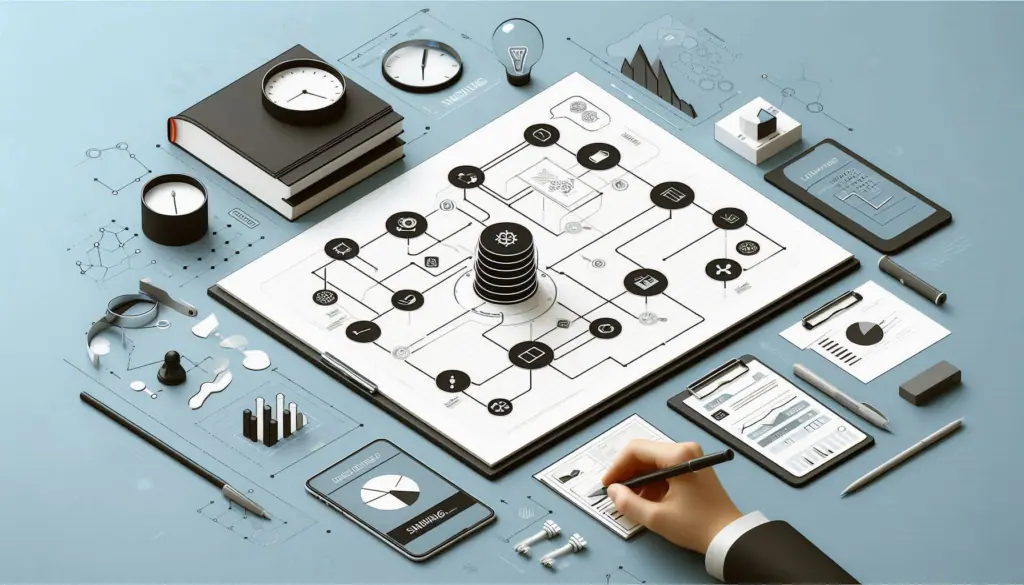 Graphic illustration of a roadmap concept with icons, charts, and documents on a desk, depicting planning stages in data management.