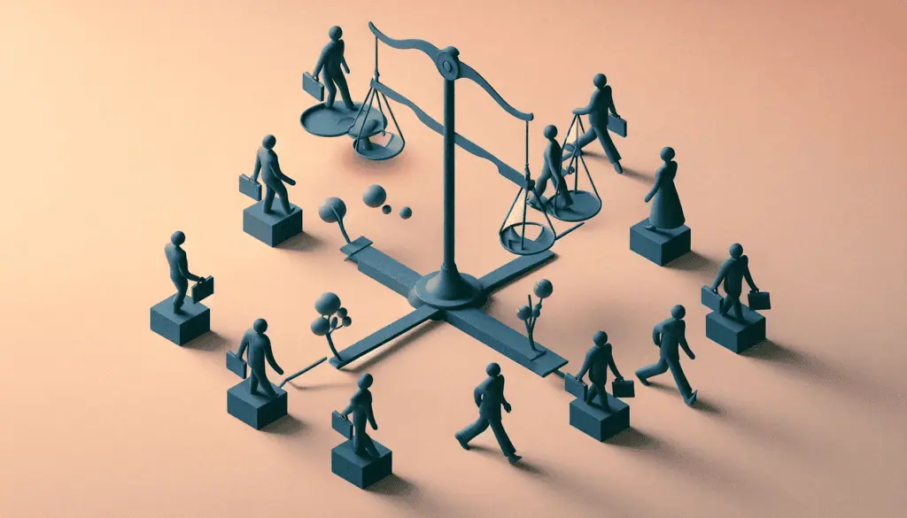 A 3D illustration of a balanced scale with human figures on both sides, symbolizing the data ethics challenges in bias and fairness.