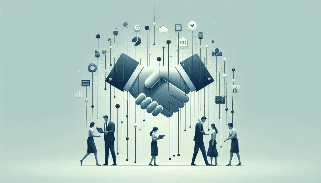 Illustration of a handshake integrated with digital icons, symbolizing trust in data ethics among professionals in a tech environment.
