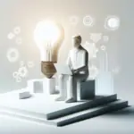 A 3D illustration of a figure sitting on steps with a laptop, beside an oversized light bulb, surrounded by floating digital icons and graphs, symbolizing strategic data analysis.