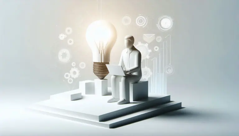 A 3D illustration of a figure sitting on steps with a laptop, beside an oversized light bulb, surrounded by floating digital icons and graphs, symbolizing strategic data analysis.