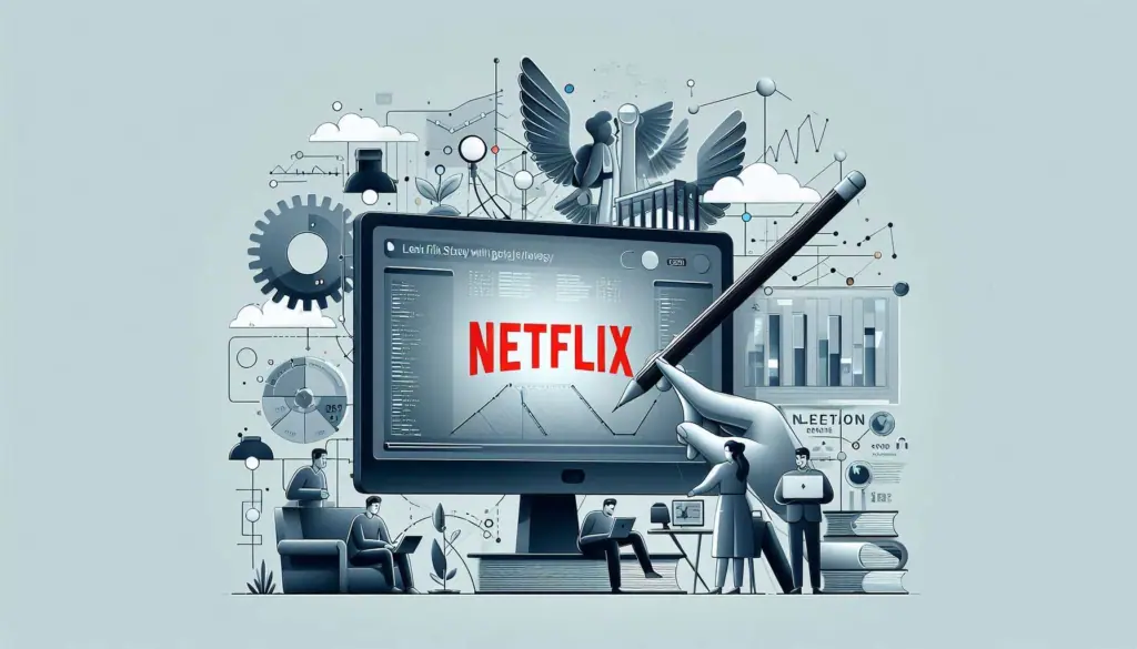 Illustration of Netflix’s highlighting analytics tools, graphs, and professionals optimizing content recommendations for a good strategy.