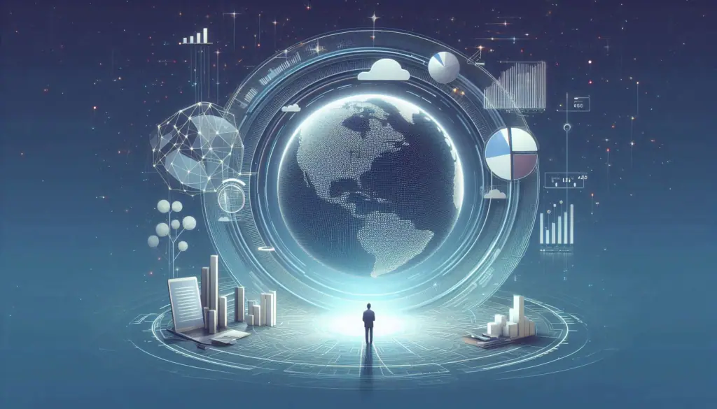 A digital illustration of a person facing a holographic globe surrounded by data charts, symbolizing the advanced state of global data analytics and ethics.