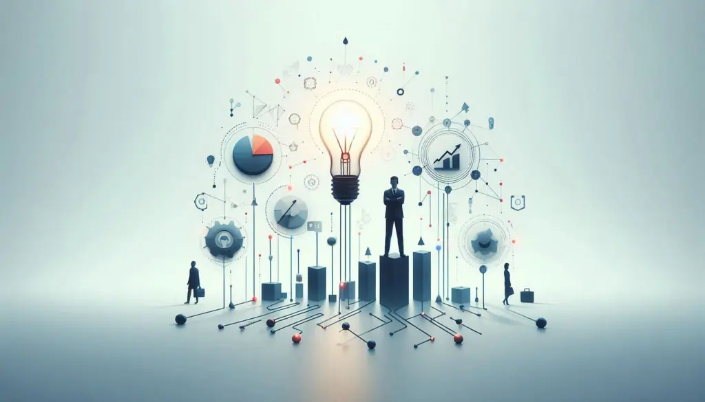 A conceptual image illustrating ‘The Power of Small Data’ with a central figure pondering amidst various data visualization icons, symbolizing strategic insights for entrepreneurs and business leaders.