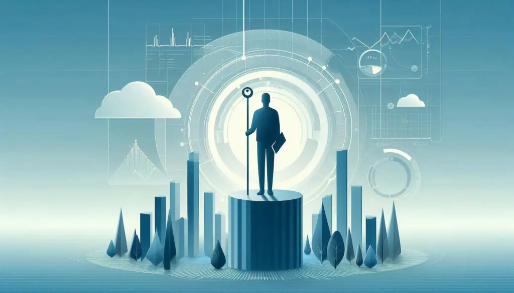 The image shows a silhouette standing on a podium, surrounded by various data charts and graphs, symbolizing the critical role of data ethics in business decision-making.