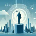 The image shows a silhouette standing on a podium, surrounded by various data charts and graphs, symbolizing the critical role of data ethics in business decision-making.