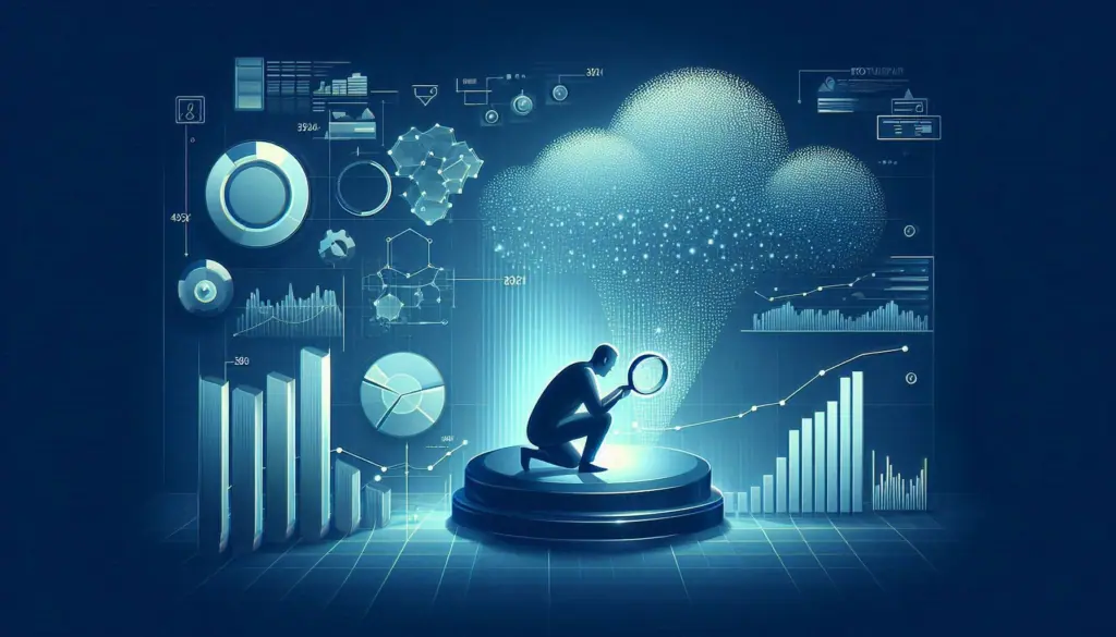 A figure with a magnifying glass, surrounded by charts and a digital cloud, symbolizing the scrutiny and debunking of common myths discovering.