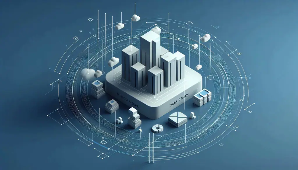 A 3D illustration of a centralized data structure labeled ‘data ethics,’ symbolizing a robust data ethics framework for businesses.