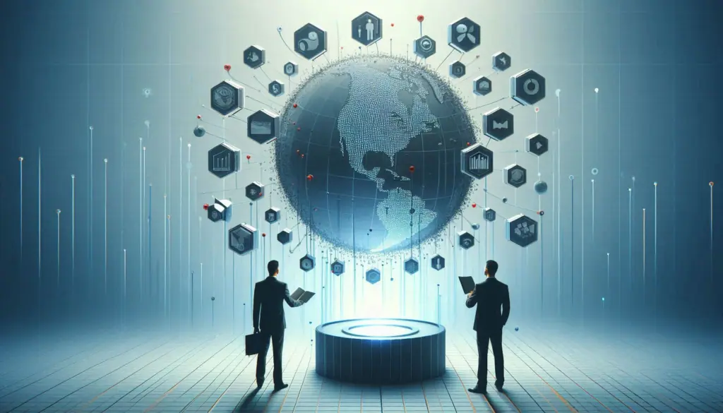 Two individuals interact with a futuristic holographic display of a globe surrounded by various icons.