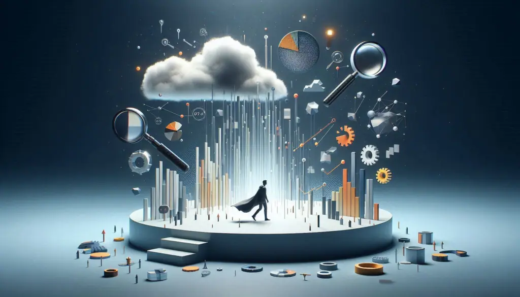 A conceptual image, featuring a figure standing amidst a downpour of data from a cloud, with graphs and magnifying glasses symbolizing analysis.