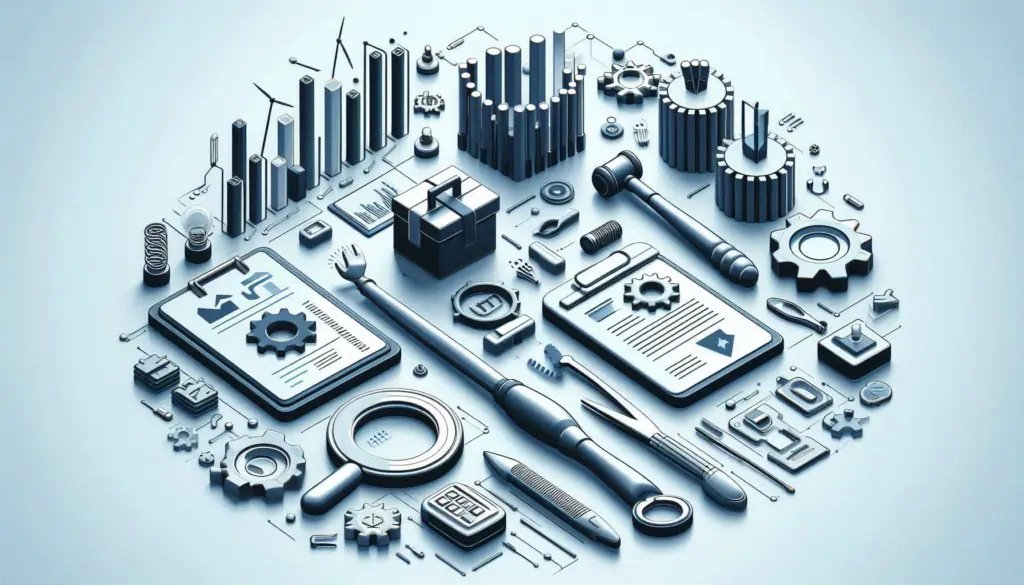 Graphic representation of data analytics and management tools, featuring 3D charts, graphs, and gears on a digital tablet interface.