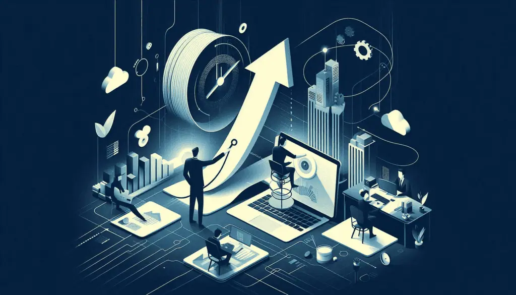 Stylized 3D illustration of a person standing before an upward arrow, symbolizing growth, surrounded by technology and business icons, conveying a message of action and progress.