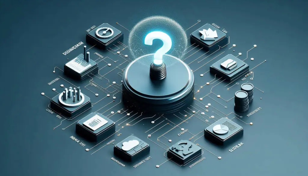 A 3D illustration highlighting data governance with a central question mark symbolizing inquiry, surrounded by icons representing various data management elements.