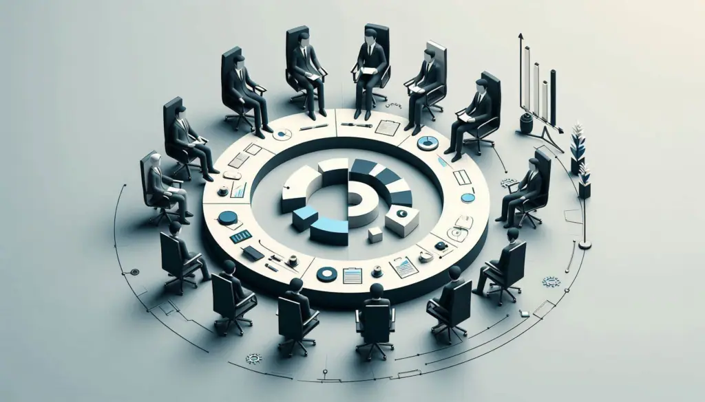 A minimalistic illustration of a Steering Committee meeting, emphasizing steering committee role, with members around a circular table and digital icons.