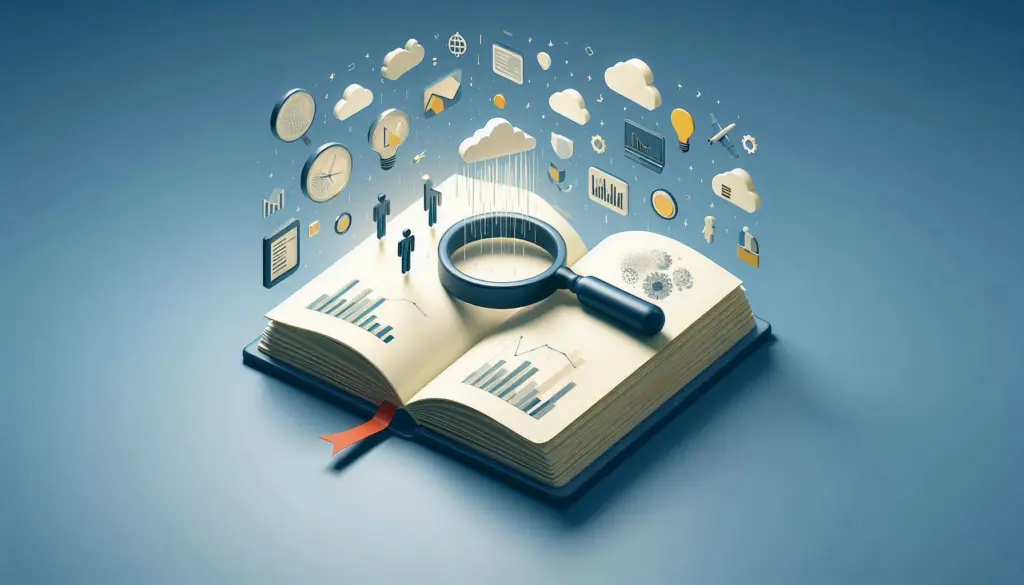 An open book with a magnifying glass, charts, and icons representing ‘what is data literacy’ as the key to informed decisions.