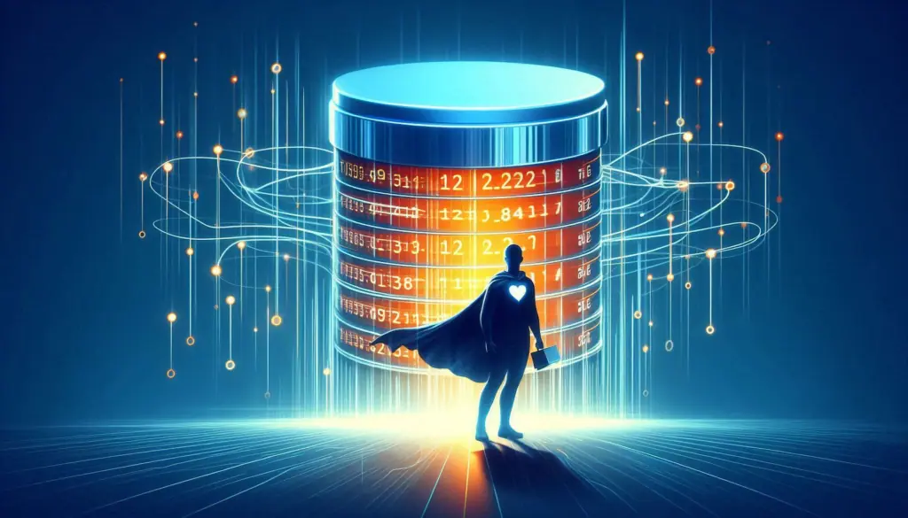 A minimalistic illustration of a Data Owner overseeing a glowing data storage structure, emphasizing data owner role with digital connections and floating numbers.