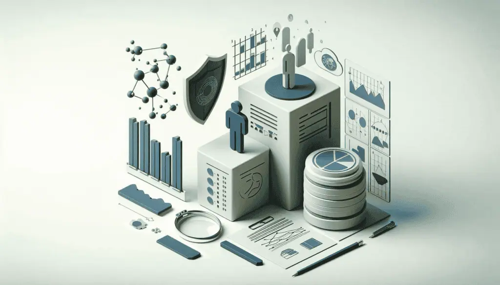 A minimalistic illustration of data management elements including servers, graphs, and protective shields, symbolizing the role of a Data Steward in organizing and securing data.
