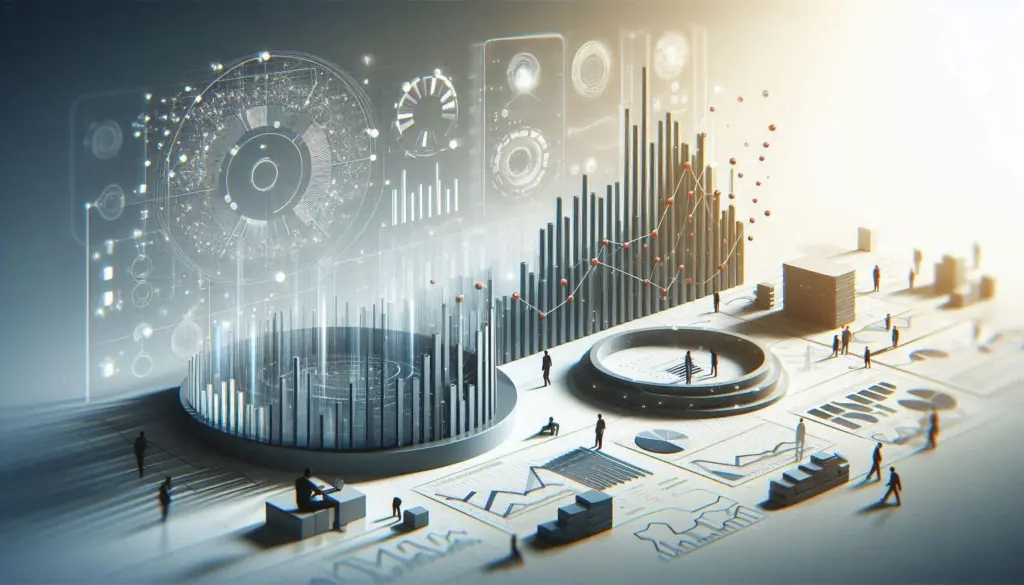 A futuristic representation, showcasing 3D graphs, charts, and figures with miniature figures analyzing the data.