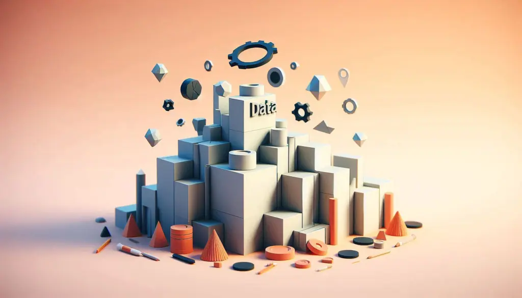 A graphic representation, showcasing 3D bars, geometric shapes, and a central pillar labeled ‘data’, symbolizing the foundations of data quality.