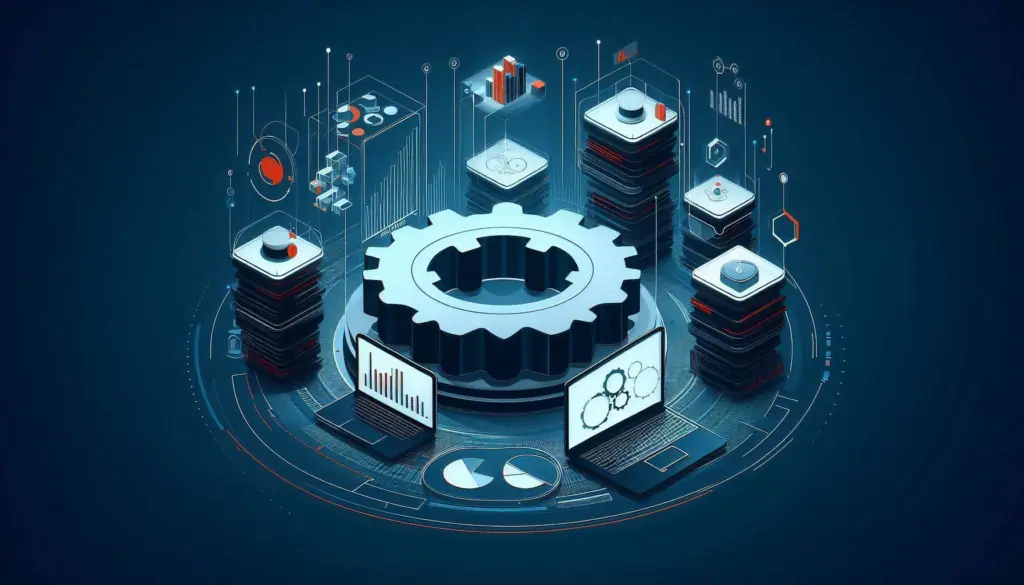 Illustration of a centralized cogwheel surrounded by databases and charts, symbolizing Data Governance Models.